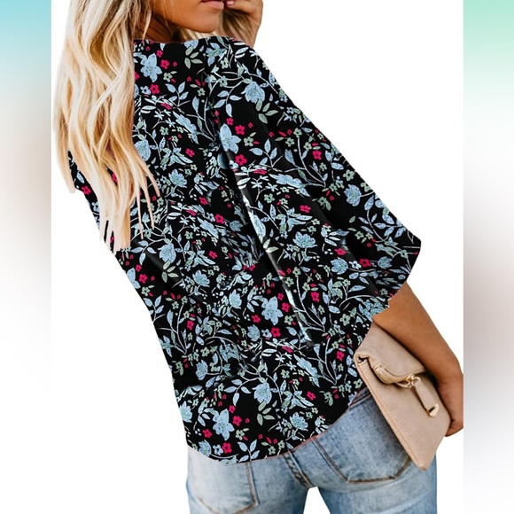 BLUETIME 2XL Floral Boho 3/4 Sleeve Front Tie Blouse Amazon - Picture 3 of 9
